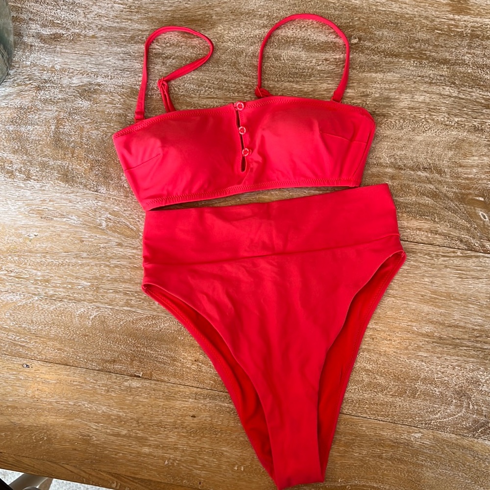 Aerie neon red orange bikini top with buttons, high waist cheeky bottoms…